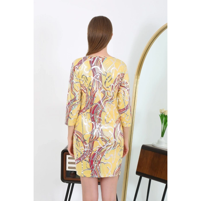 Moda Çizgi Kadın Micro Kumaş Mini Parlak Elbise 7421 Sarı