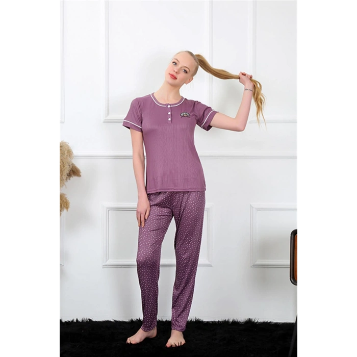 Moda Çizgi Kadın Mürdüm Kısa Kol Pijama Takım 20388