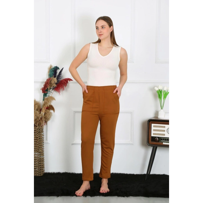 Moda Çizgi Kadın Pamuk Cepli 3 İplik Alt Eşofman Kahve 27510