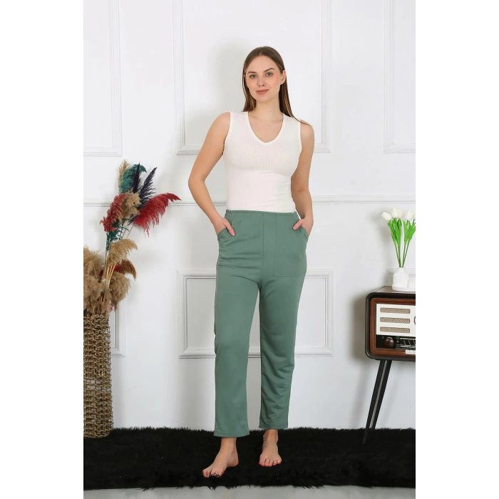 Moda Çizgi Kadın Pamuk Cepli 3 İplik Alt Eşofman Yeşil 27510