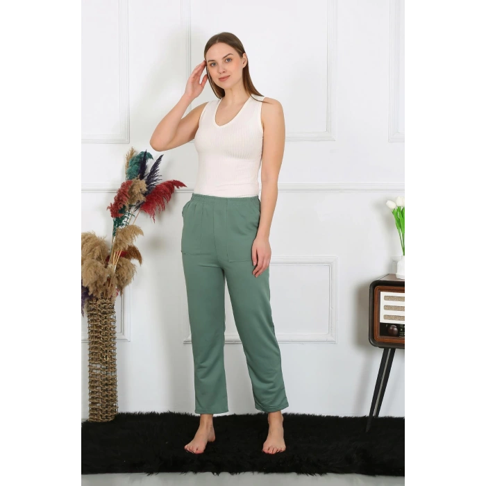 Moda Çizgi Kadın Pamuk Cepli 3 İplik Alt Eşofman Yeşil 27510