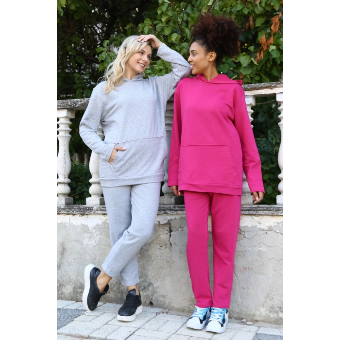 Moda Çizgi Kadın Pamuk Kapşonlu Cepli 3 İplik Fuşya Eşofman Takım 9037