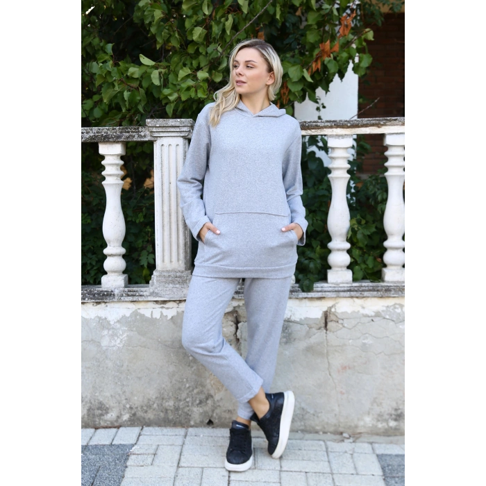 Moda Çizgi Kadın Pamuk Kapşonlu Cepli 3 İplik Gri Eşofman Takım 9037