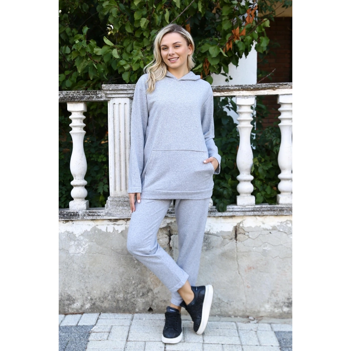 Moda Çizgi Kadın Pamuk Kapşonlu Cepli 3 İplik Gri Eşofman Takım 9037