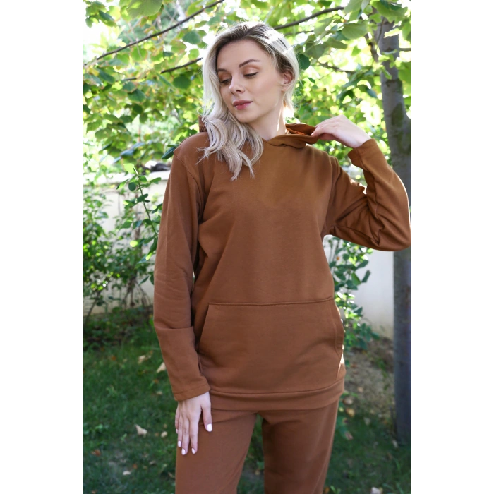 Moda Çizgi Kadın Pamuk Kapşonlu Cepli 3 İplik Kahve Eşofman Takım 9037