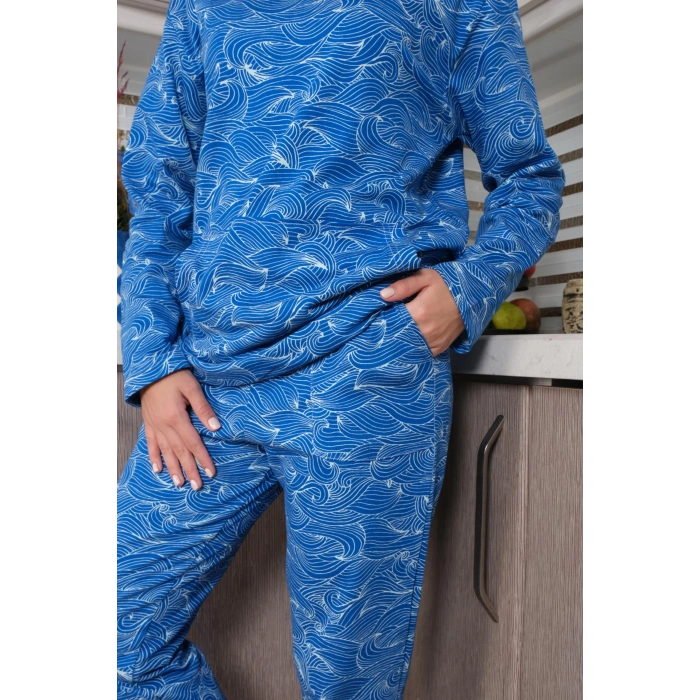 Moda Çizgi Kadın Pamuk Kapşonlu Cepli 3 İplik Saks Eşofman Takım 9037