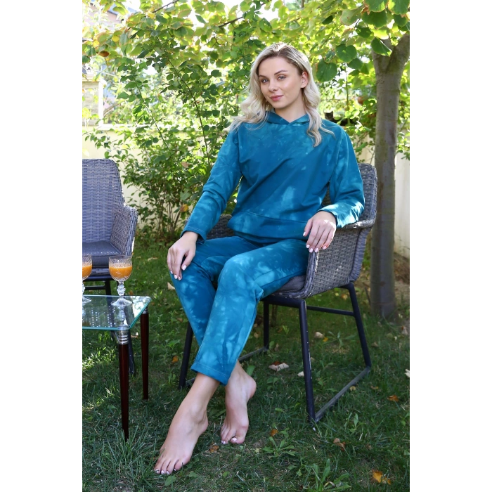 Moda Çizgi Kadın Pamuk Kapşonlu Cepli 3 İplik Turkuaz Eşofman Takım 9037