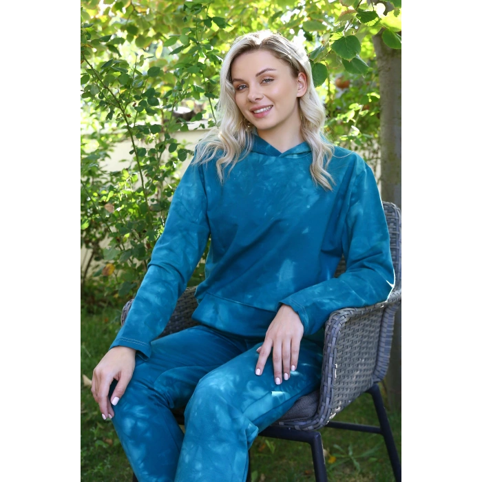 Moda Çizgi Kadın Pamuk Kapşonlu Cepli 3 İplik Turkuaz Eşofman Takım 9037