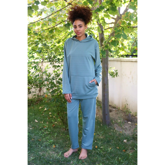 Moda Çizgi Kadın Pamuk Kapşonlu Cepli 3 İplik Yeşil Eşofman Takım 9037