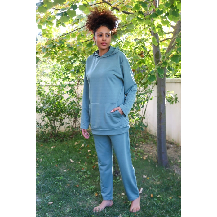 Moda Çizgi Kadın Pamuk Kapşonlu Cepli 3 İplik Yeşil Eşofman Takım 9037