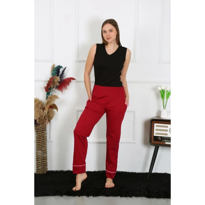Moda Çizgi Kadın Pamuk Penye Cepli Tek Alt Pijama Bordo 27512