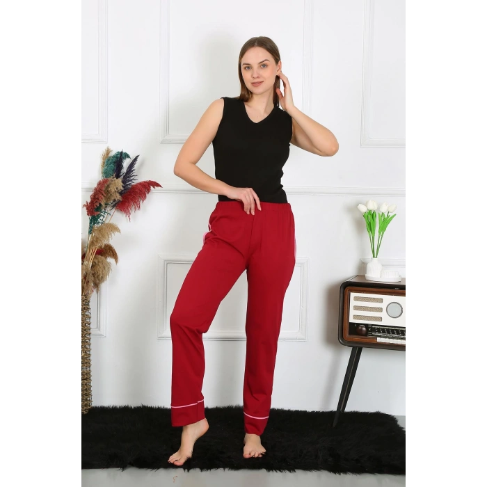 Moda Çizgi Kadın Pamuk Penye Cepli Tek Alt Pijama Bordo 27512