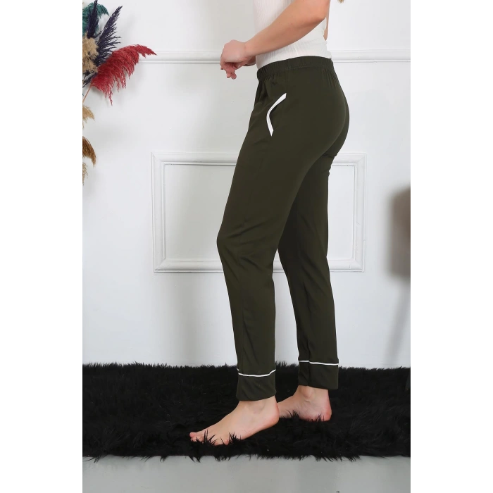 Moda Çizgi Kadın Pamuk Penye Cepli Tek Alt Pijama Haki 27512