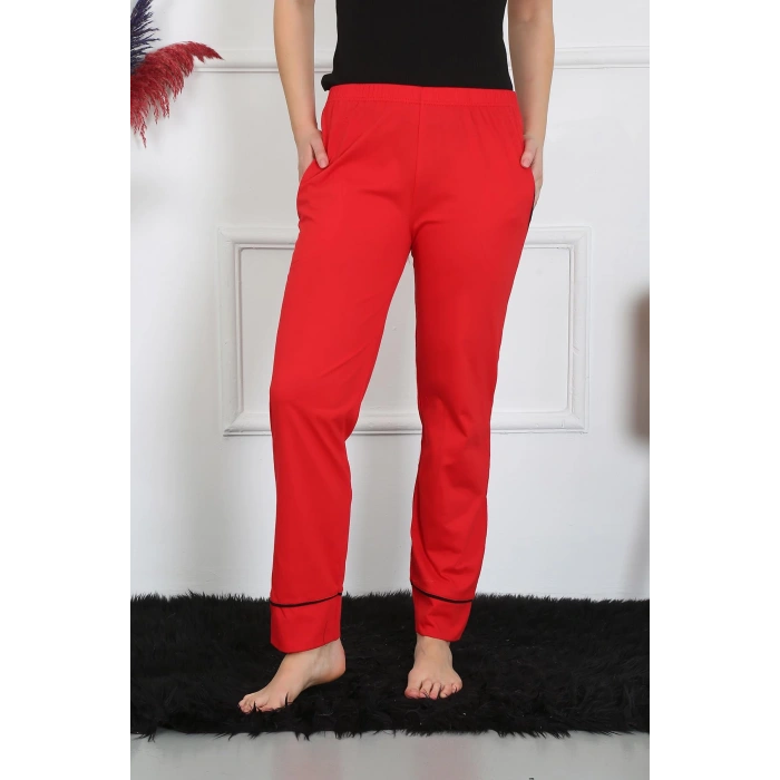 Moda Çizgi Kadın Pamuk Penye Cepli Tek Alt Pijama Kırmızı 27512
