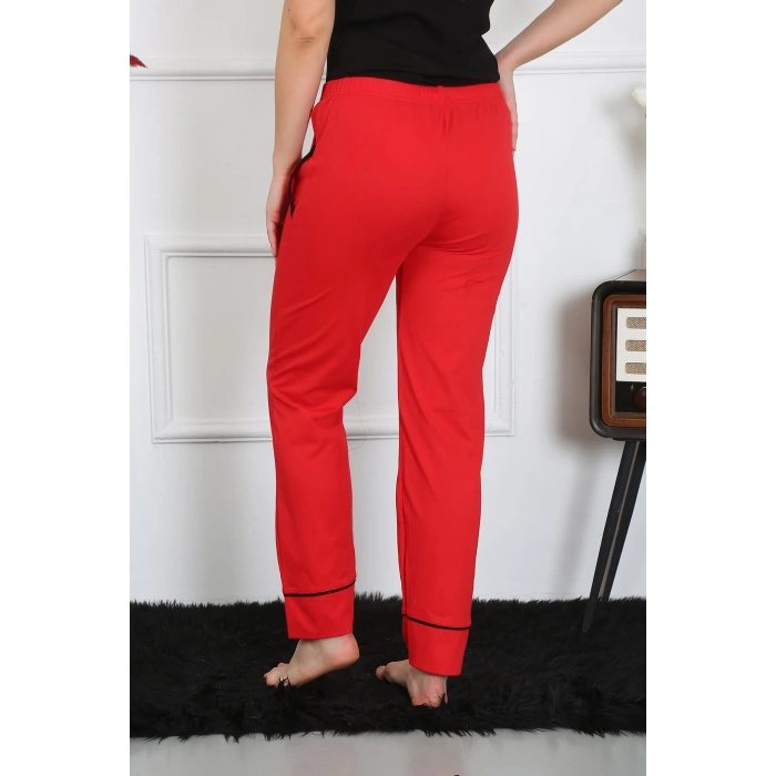 Moda Çizgi Kadın Pamuk Penye Cepli Tek Alt Pijama Kırmızı 27512