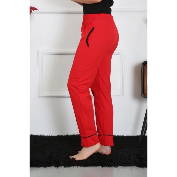 Moda Çizgi Kadın Pamuk Penye Cepli Tek Alt Pijama Kırmızı 27512