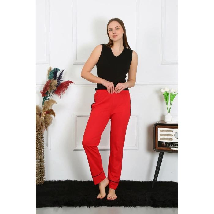 Moda Çizgi Kadın Pamuk Penye Cepli Tek Alt Pijama Kırmızı 27512