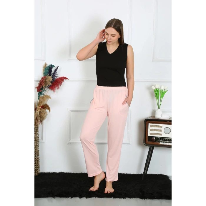 Moda Çizgi Kadın Pamuk Penye Cepli Tek Alt Pijama Pembe 27512