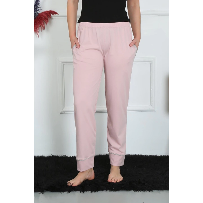 Moda Çizgi Kadın Pamuk Penye Cepli Tek Alt Pijama Pudra 27512