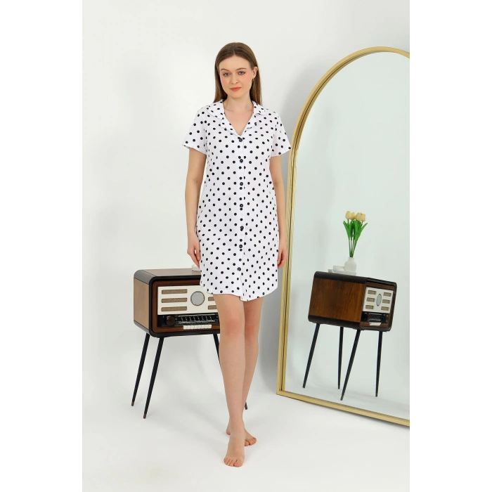 Moda Çizgi Kadın Pamuk Penye Kısa Kol Düğmeli Beyaz Tunik Gecelik 13111