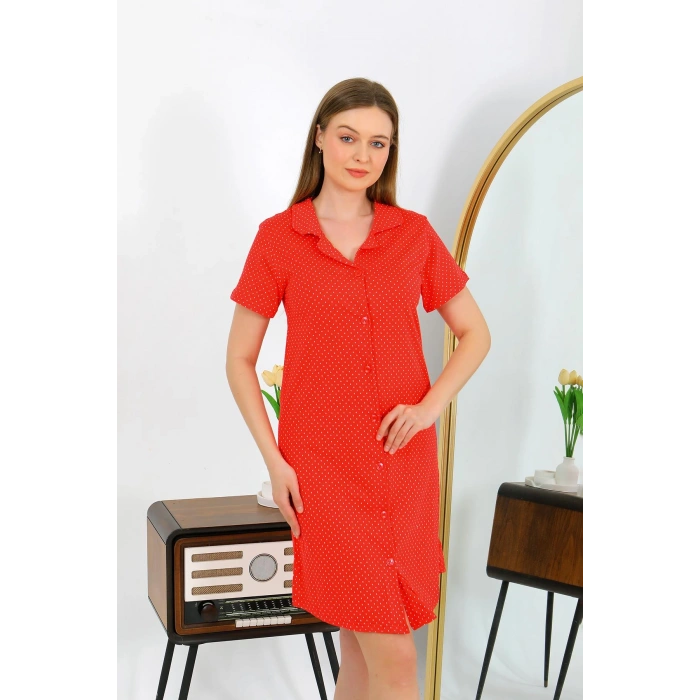 Moda Çizgi Kadın Pamuk Penye Kısa Kol Düğmeli Kırmızı Tunik Gecelik 13112