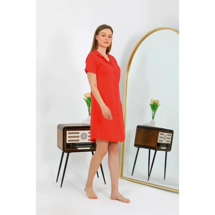 Moda Çizgi Kadın Pamuk Penye Kısa Kol Düğmeli Kırmızı Tunik Gecelik 13112