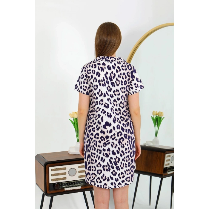 Moda Çizgi Kadın Pamuk Penye Kısa Kol Düğmeli Lacivert Tunik Gecelik 13111