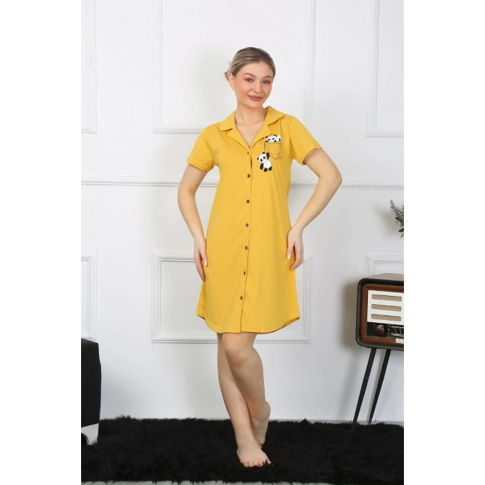 Moda Çizgi Kadın Pamuk Penye Kısa Kol Düğmeli Sarı Tunik Gecelik 13109