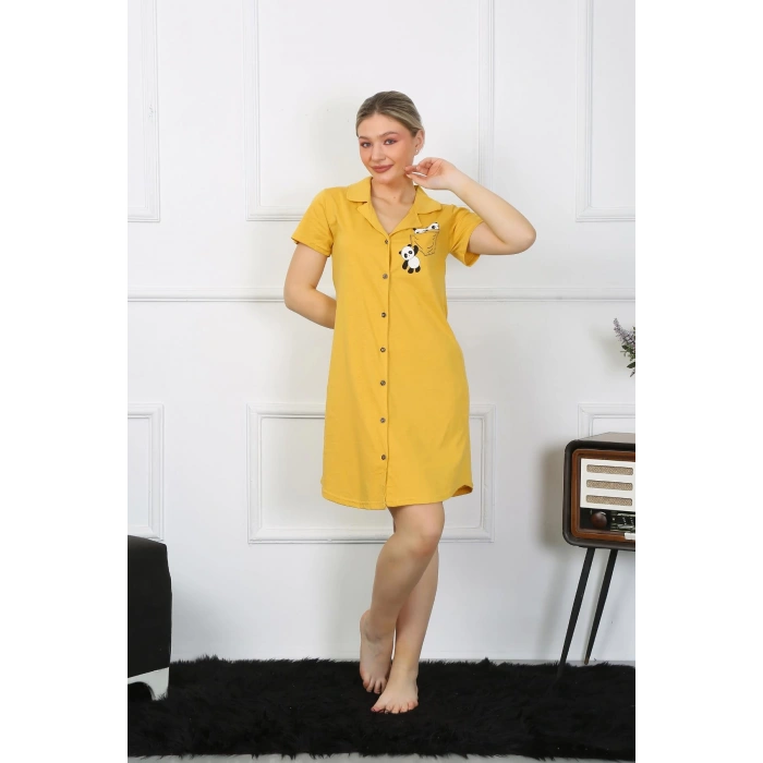 Moda Çizgi Kadın Pamuk Penye Kısa Kol Düğmeli Sarı Tunik Gecelik 13109