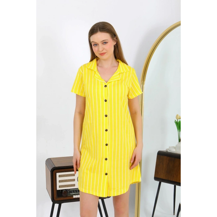 Moda Çizgi Kadın Pamuk Penye Kısa Kol Düğmeli Sarı Tunik Gecelik 13111