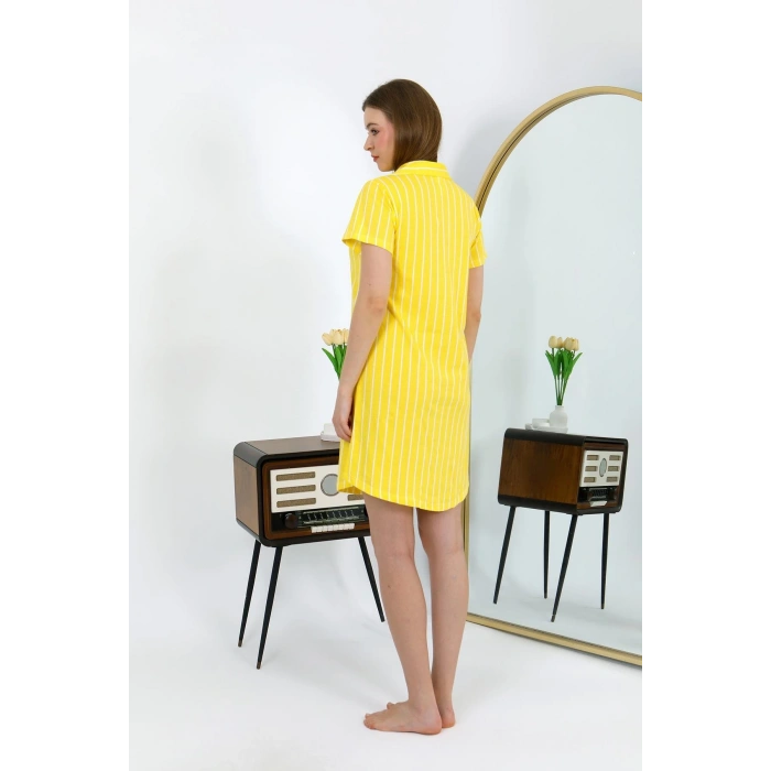 Moda Çizgi Kadın Pamuk Penye Kısa Kol Düğmeli Sarı Tunik Gecelik 13111