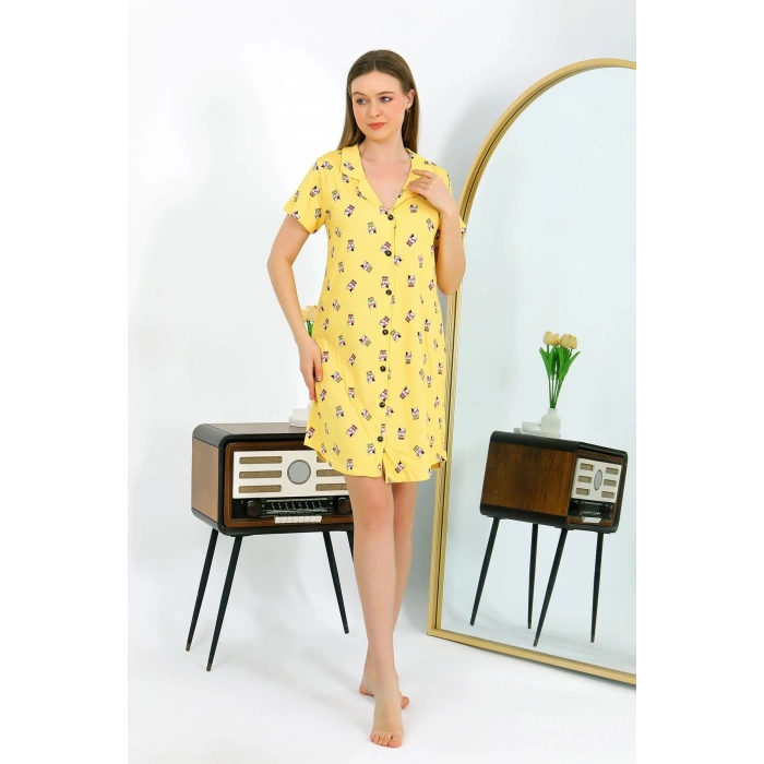 Moda Çizgi Kadın Pamuk Penye Kısa Kol Düğmeli Sarı Tunik Gecelik 13112