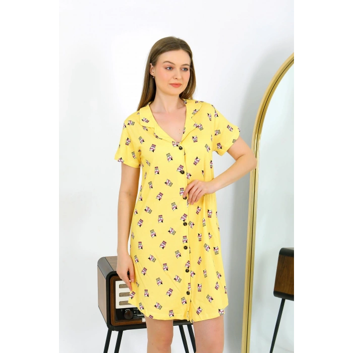 Moda Çizgi Kadın Pamuk Penye Kısa Kol Düğmeli Sarı Tunik Gecelik 13112
