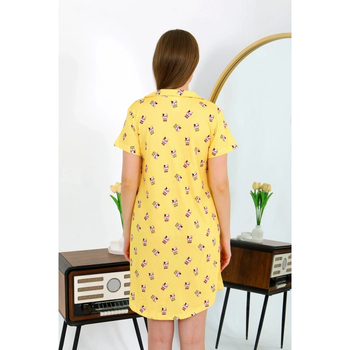 Moda Çizgi Kadın Pamuk Penye Kısa Kol Düğmeli Sarı Tunik Gecelik 13112