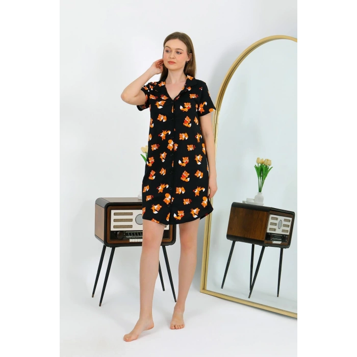 Moda Çizgi Kadın Pamuk Penye Kısa Kol Düğmeli Siyah Tunik Gecelik 13111