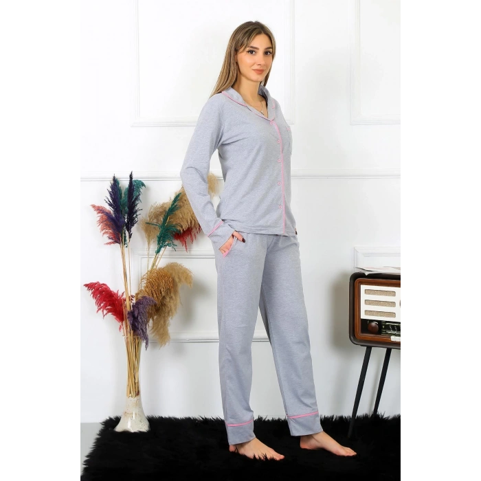 Moda Çizgi Kadın Pamuk Penye Önden Düğmeli Uzun Kol Gri Pijama Takım 2782