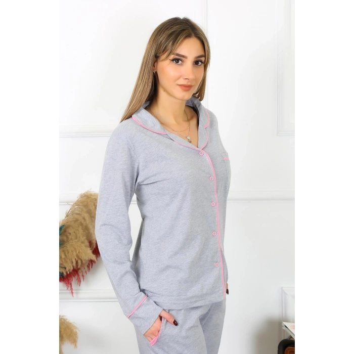 Moda Çizgi Kadın Pamuk Penye Önden Düğmeli Uzun Kol Gri Pijama Takım 2782