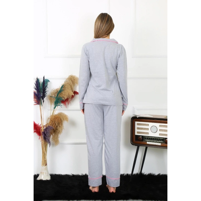 Moda Çizgi Kadın Pamuk Penye Önden Düğmeli Uzun Kol Gri Pijama Takım 2782