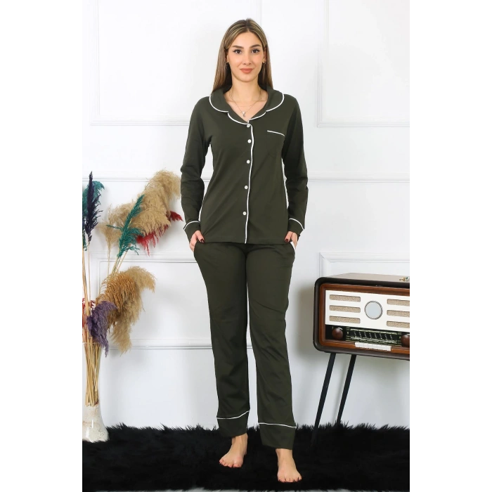 Moda Çizgi Kadın Pamuk Penye Önden Düğmeli Uzun Kol Haki Pijama Takım 2782