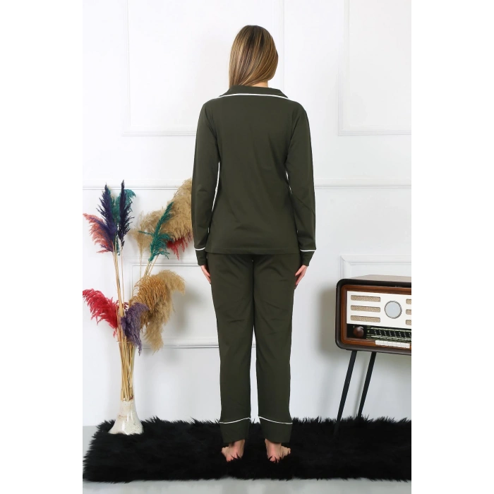 Moda Çizgi Kadın Pamuk Penye Önden Düğmeli Uzun Kol Haki Pijama Takım 2782