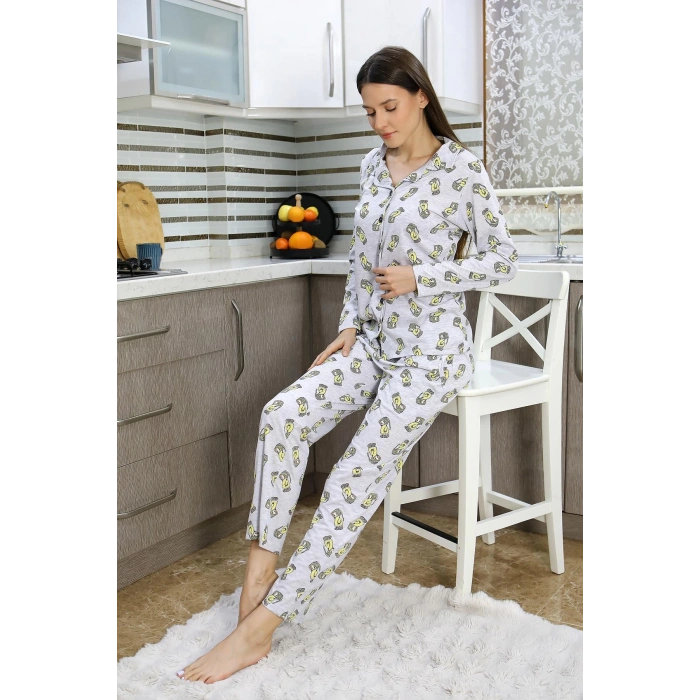 Moda Çizgi Kadın Pamuk Penye Önden Düğmeli Uzun Kol Pijama Takım Gri 2784