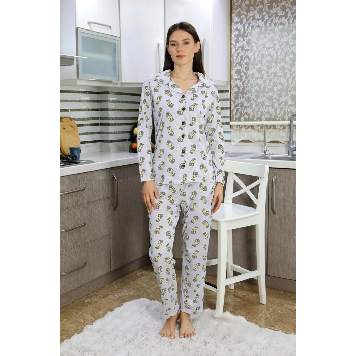 Moda Çizgi Kadın Pamuk Penye Önden Düğmeli Uzun Kol Pijama Takım Gri 2784