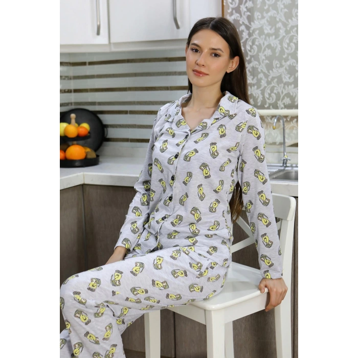 Moda Çizgi Kadın Pamuk Penye Önden Düğmeli Uzun Kol Pijama Takım Gri 2784