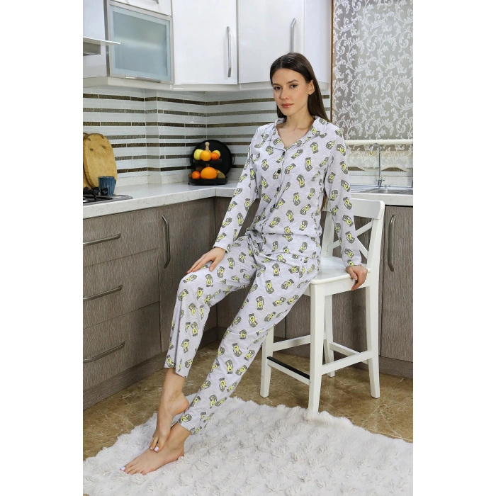 Moda Çizgi Kadın Pamuk Penye Önden Düğmeli Uzun Kol Pijama Takım Gri 2784