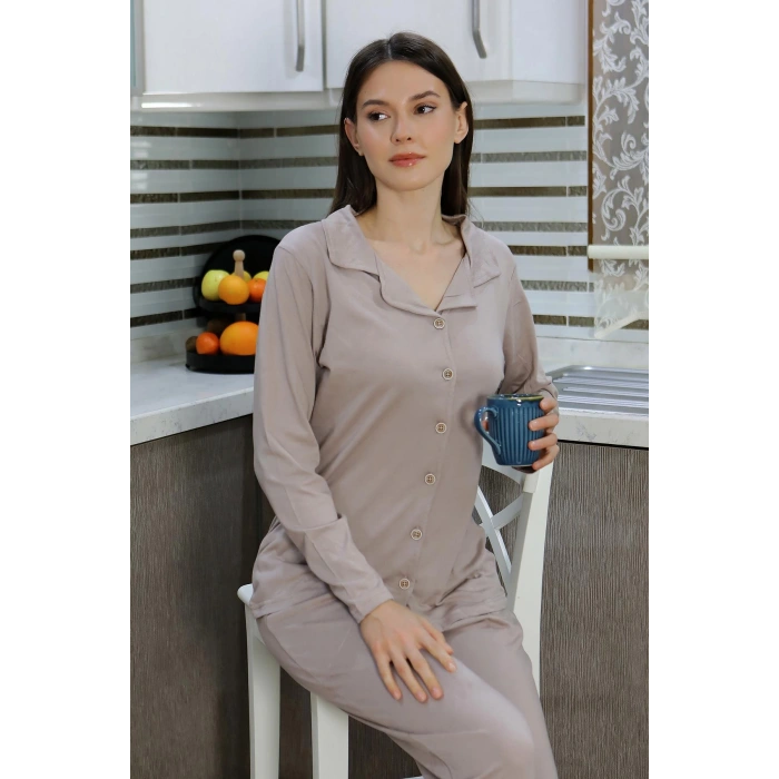 Moda Çizgi Kadın Pamuk Penye Önden Düğmeli Uzun Kol Pijama Takım Vizon 2783