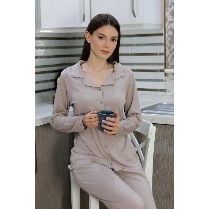 Moda Çizgi Kadın Pamuk Penye Önden Düğmeli Uzun Kol Pijama Takım Vizon 2783