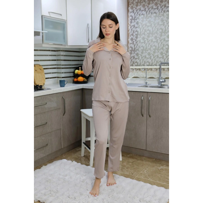 Moda Çizgi Kadın Pamuk Penye Önden Düğmeli Uzun Kol Pijama Takım Vizon 2783