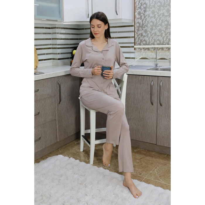 Moda Çizgi Kadın Pamuk Penye Önden Düğmeli Uzun Kol Pijama Takım Vizon 2783