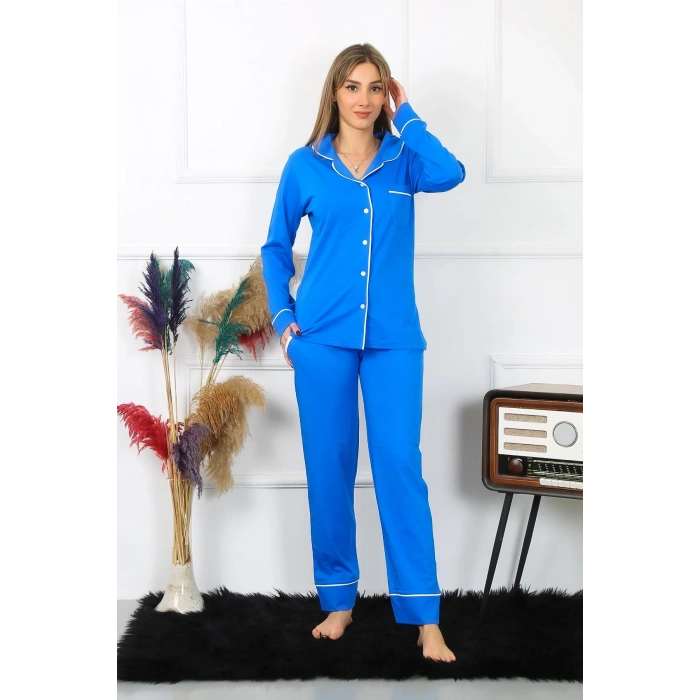 Moda Çizgi Kadın Pamuk Penye Önden Düğmeli Uzun Kol Saks Pijama Takım 2782