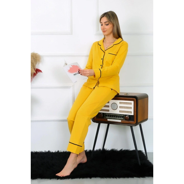 Moda Çizgi Kadın Pamuk Penye Önden Düğmeli Uzun Kol Sarı Pijama Takım 2782